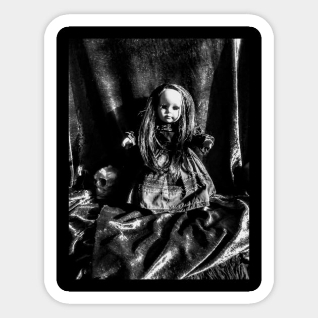 creepy  doll in black and white Sticker by cjeff13